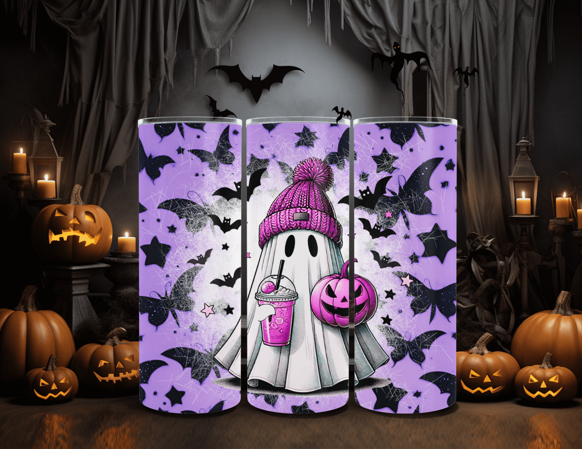 Vaso delgado de 20 oz con diseño de fantasma de Halloween y murciélagos