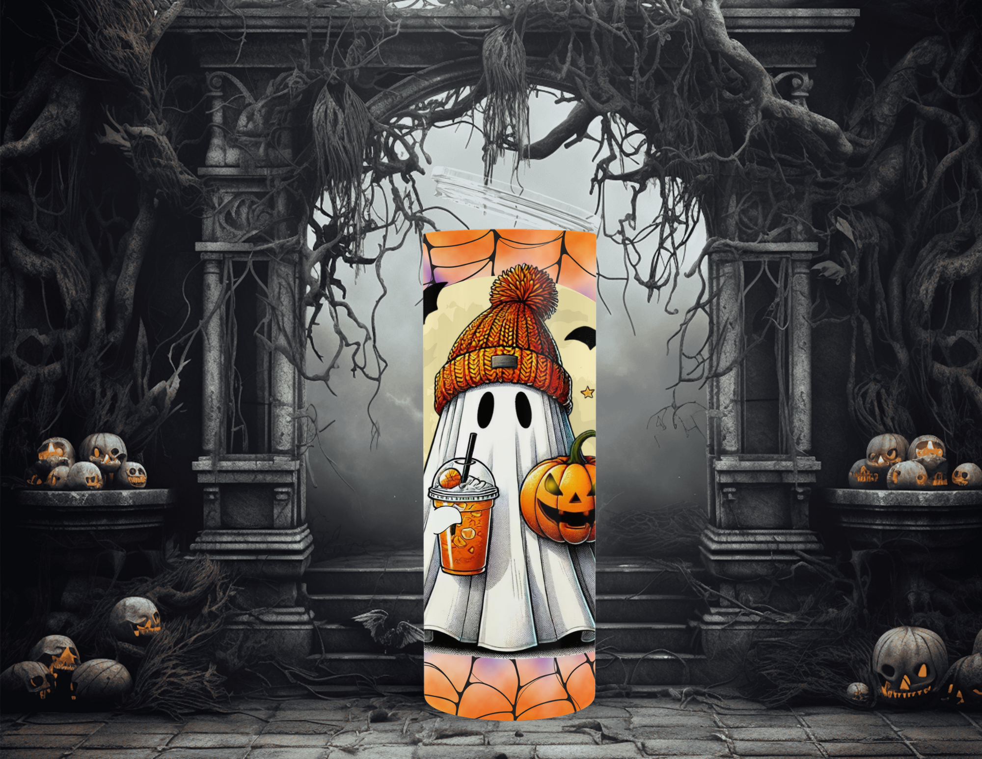Vaso delgado de 20 oz con diseño de fantasma de Halloween y murciélagos