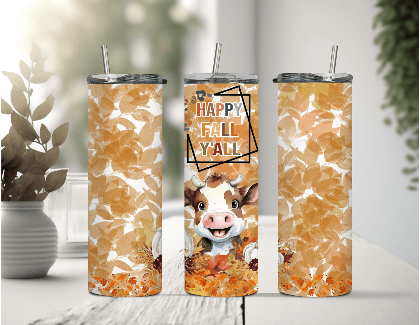 Vaso delgado de 20 oz con texto "Happy Fall Yall Cow"