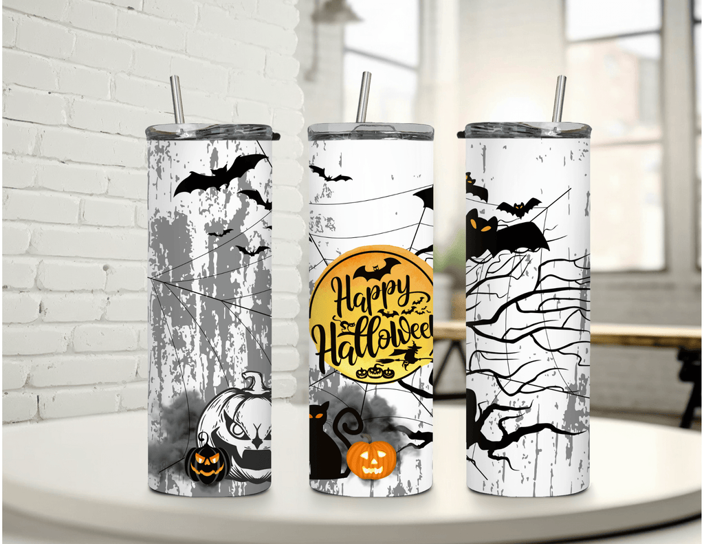 Vaso delgado de 20 oz en blanco y negro con texto "Happy Halloween"