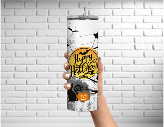 Vaso delgado de 20 oz en blanco y negro con texto "Happy Halloween"