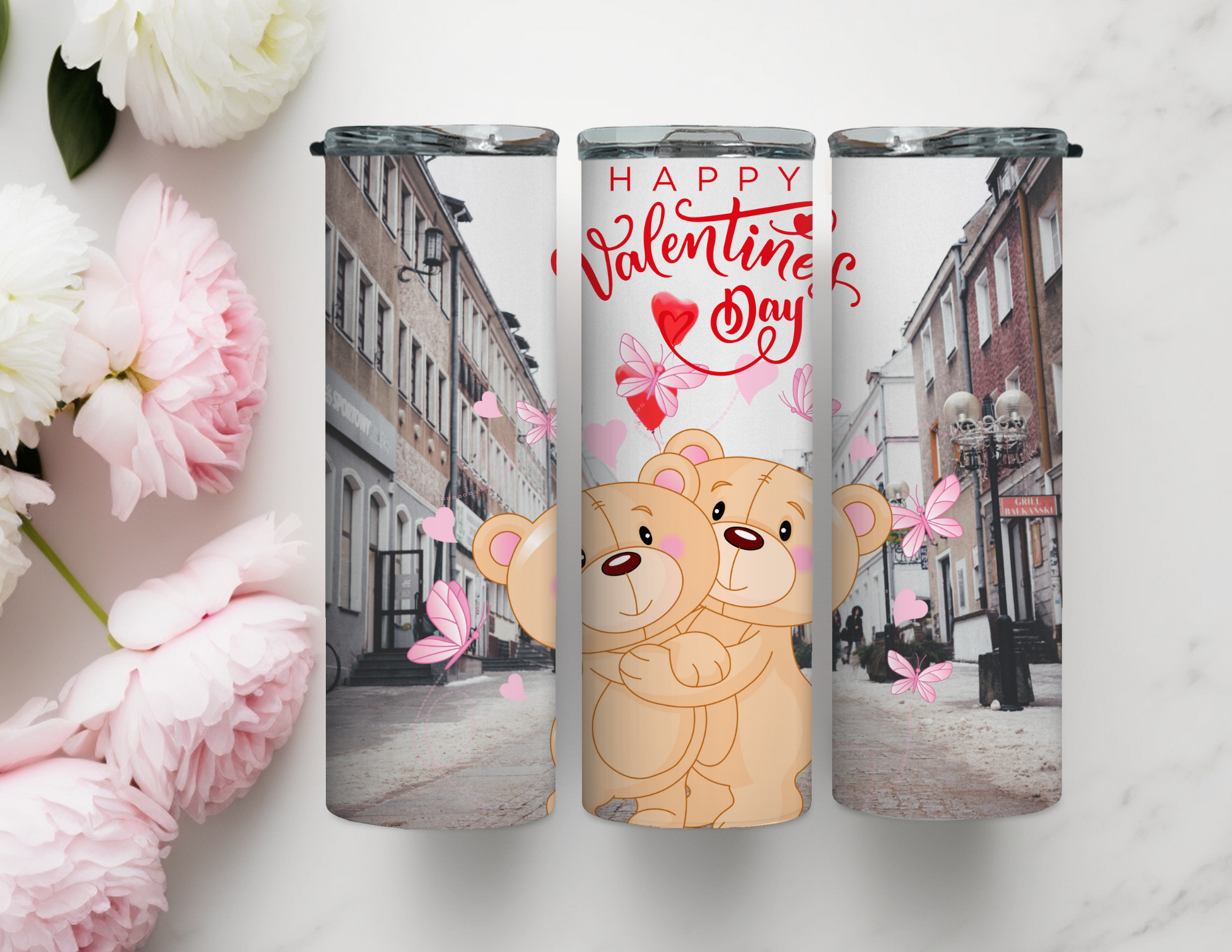 Vaso delgado de 20 oz con diseño de osos de San Valentín