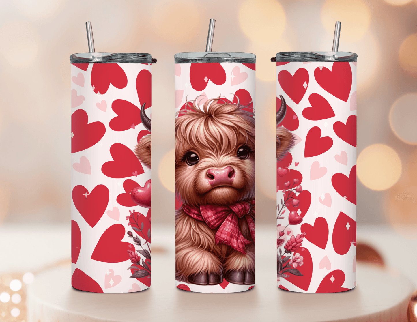 Heart Highland Cow with Bow 20 oz Skinny Tumbler