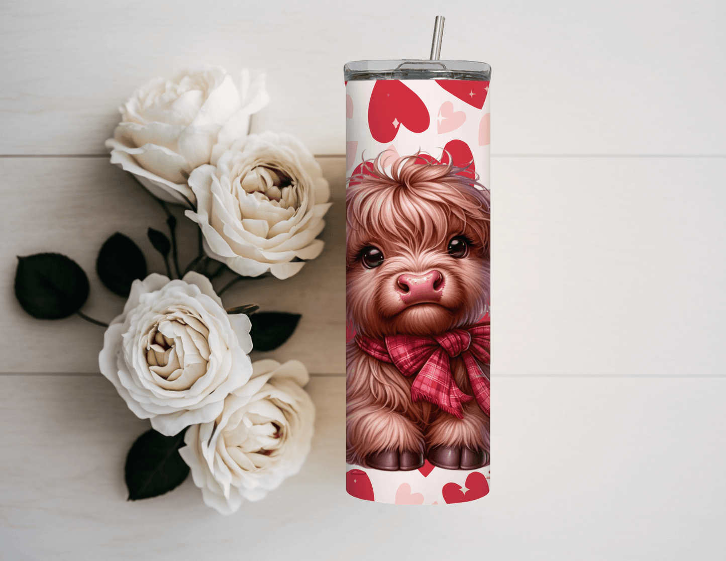 Heart Highland Cow with Bow 20 oz Skinny Tumbler