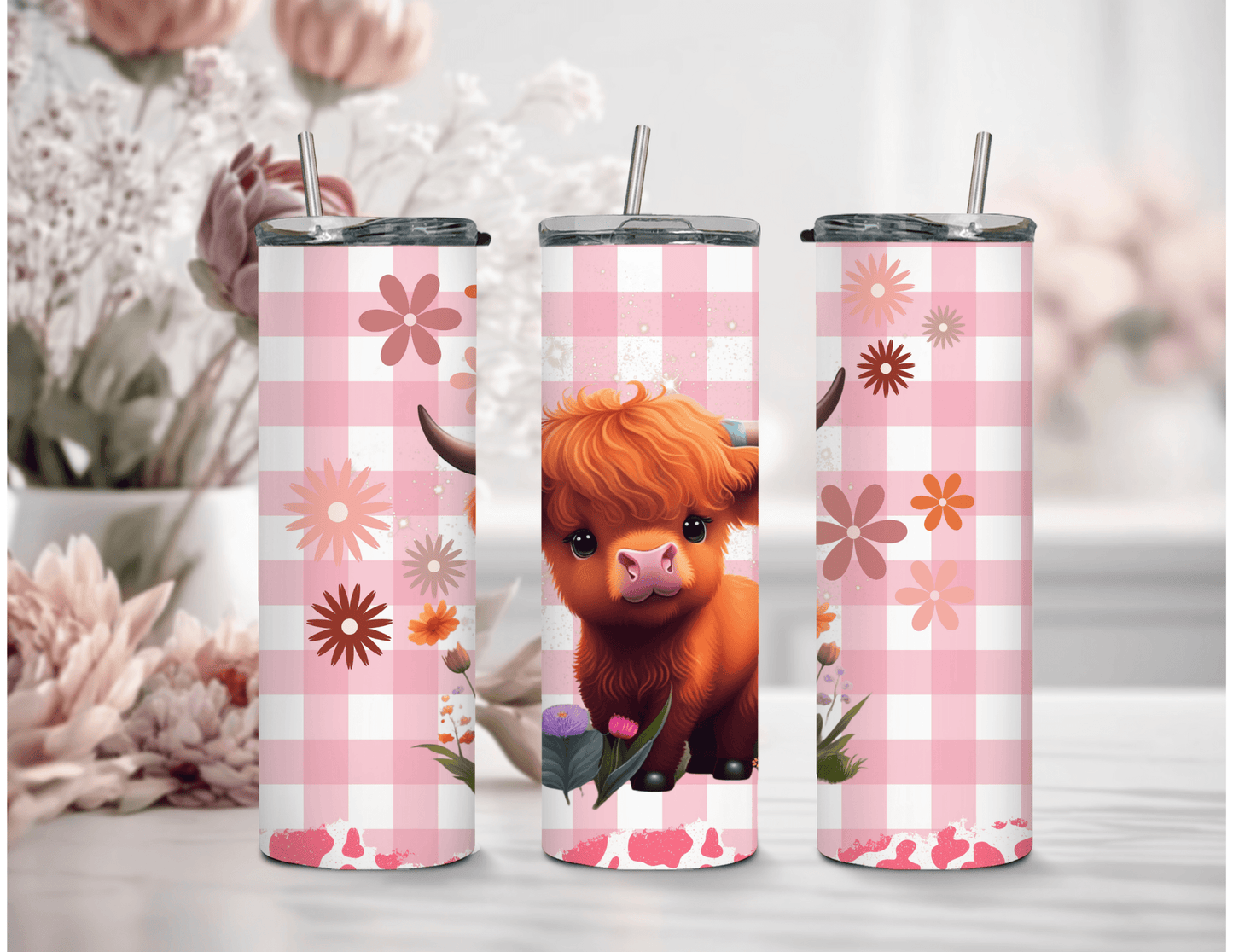 Highland Cow Plaid Pink 20 oz Skinny Tumbler