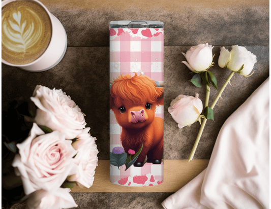 Highland Cow Plaid Pink 20 oz Skinny Tumbler