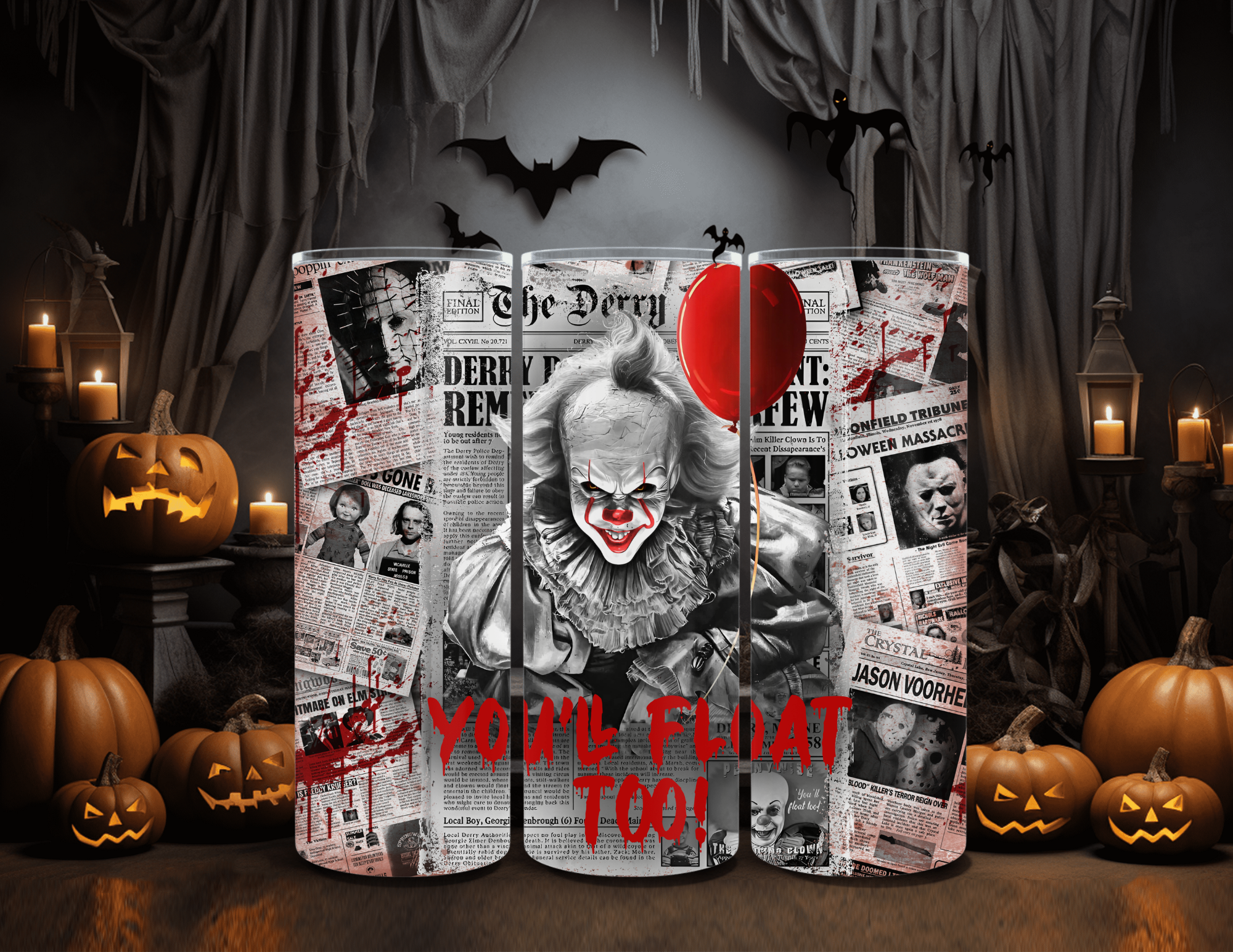 Horror Character Clown Newspaper 20oz Skinny Sublimation Tumbler