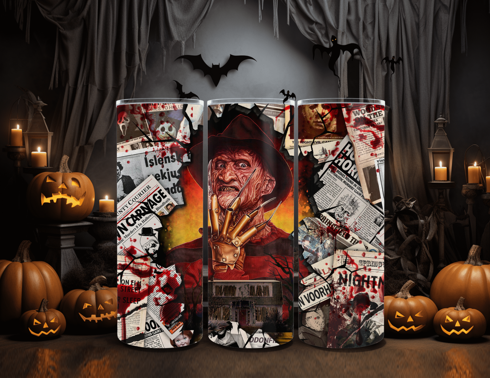 Horror Character Dream Slash Newspaper 20 oz Skinny Sublimation Tumbler