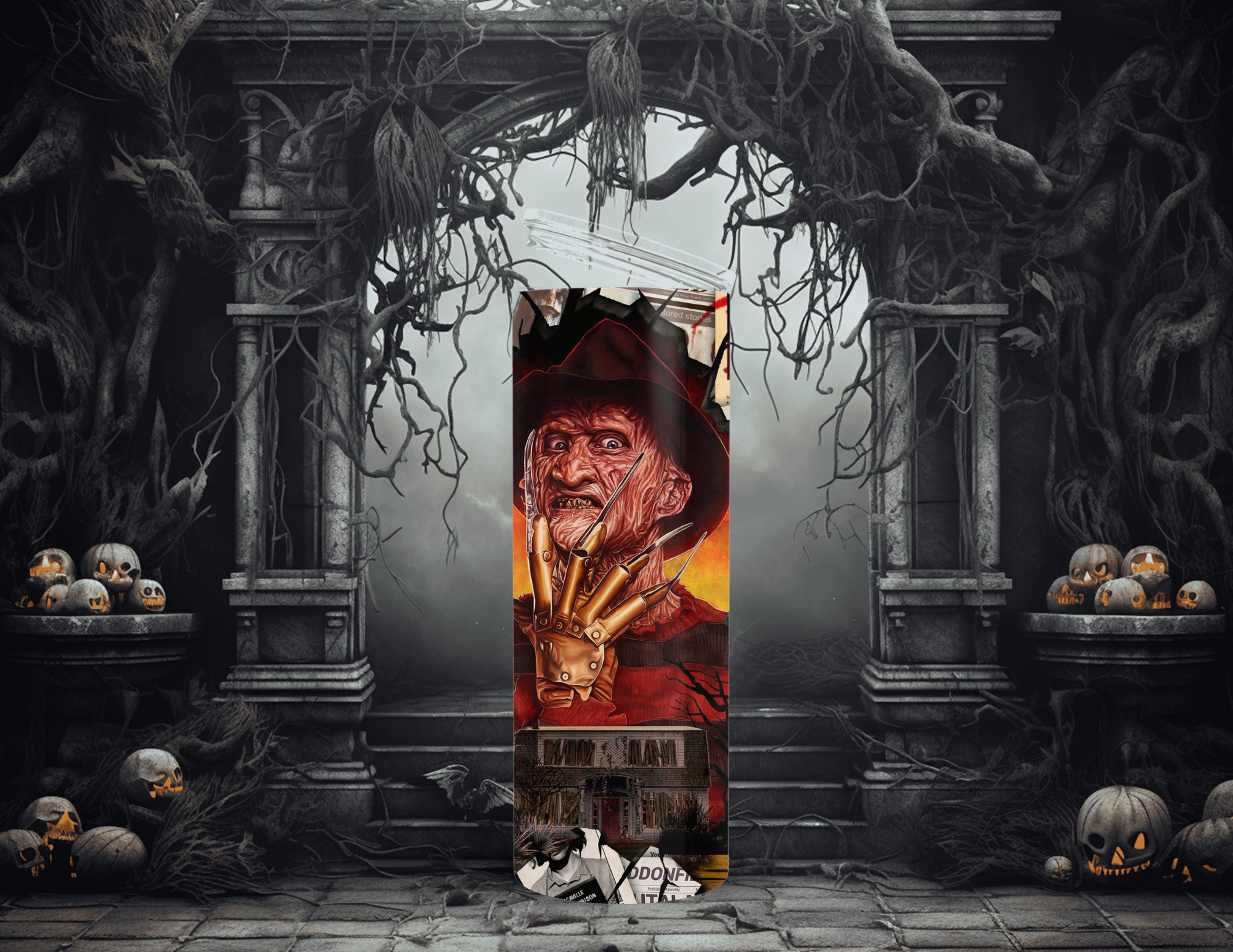 Horror Character Dream Slash Newspaper 20 oz Skinny Sublimation Tumbler