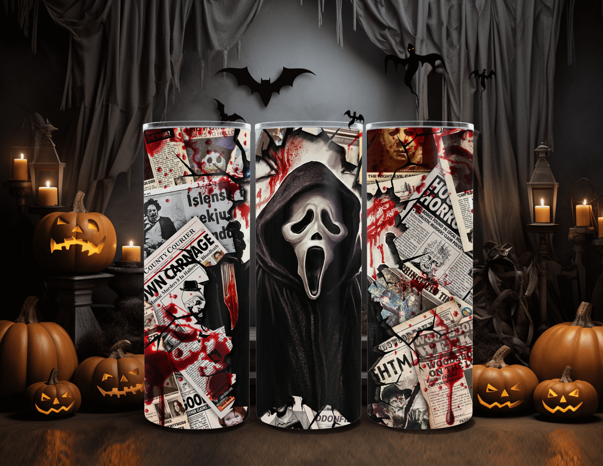 Horror Character Ghost Newspaper 20oz Skinny Sublimation Tumbler