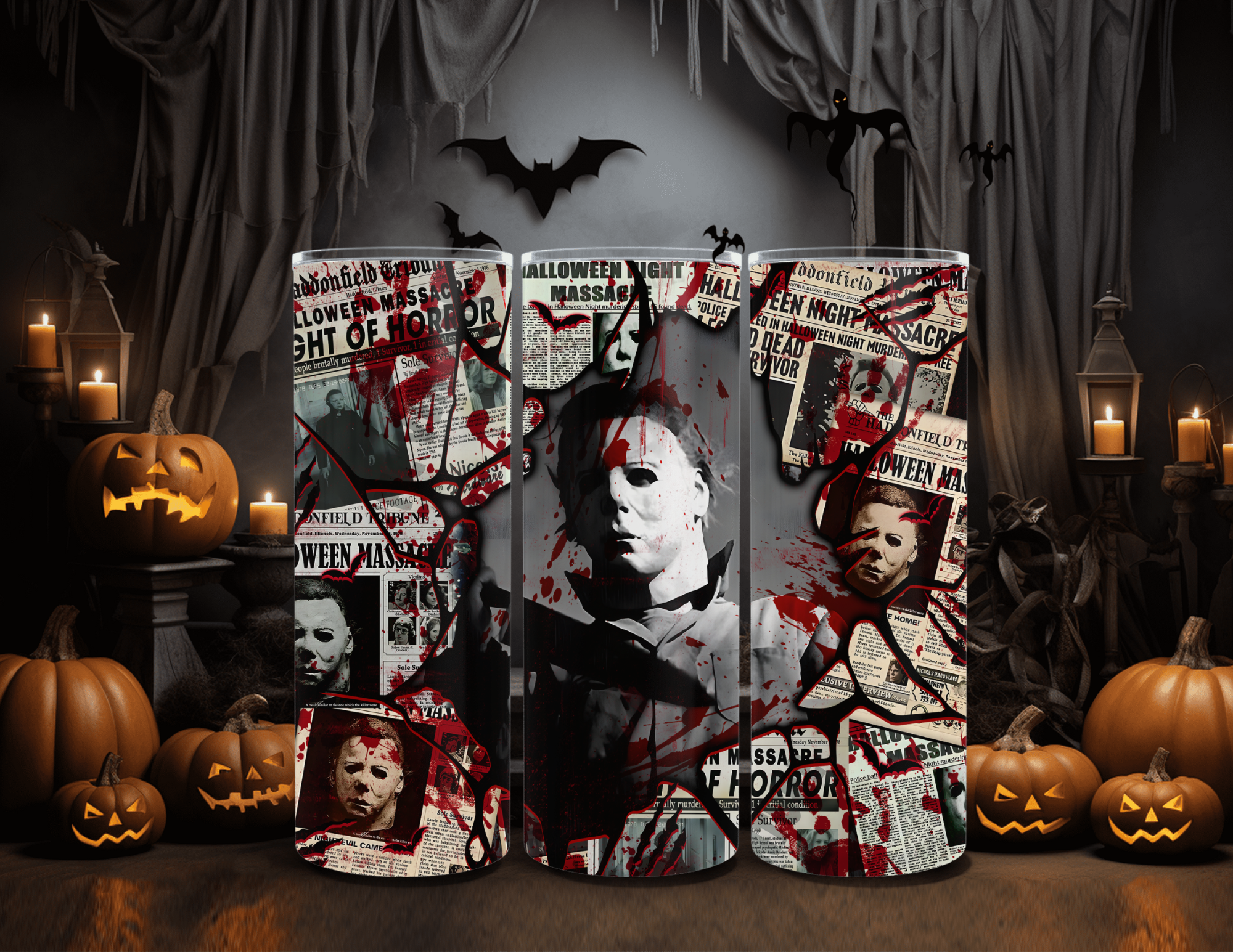 Horror Character Mask Newspaper 20oz Skinny Sublimation Tumbler