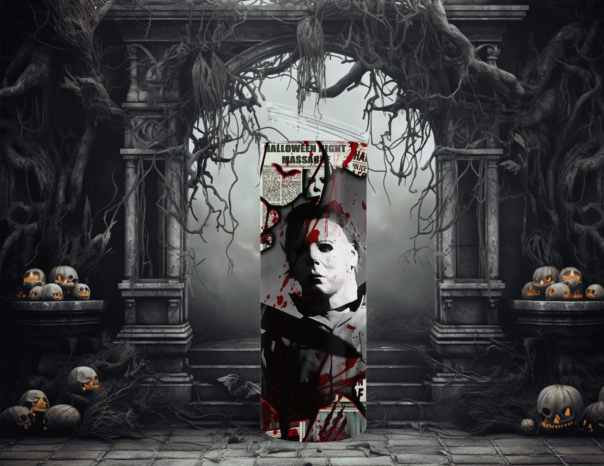 Horror Character Mask Newspaper 20oz Skinny Sublimation Tumbler
