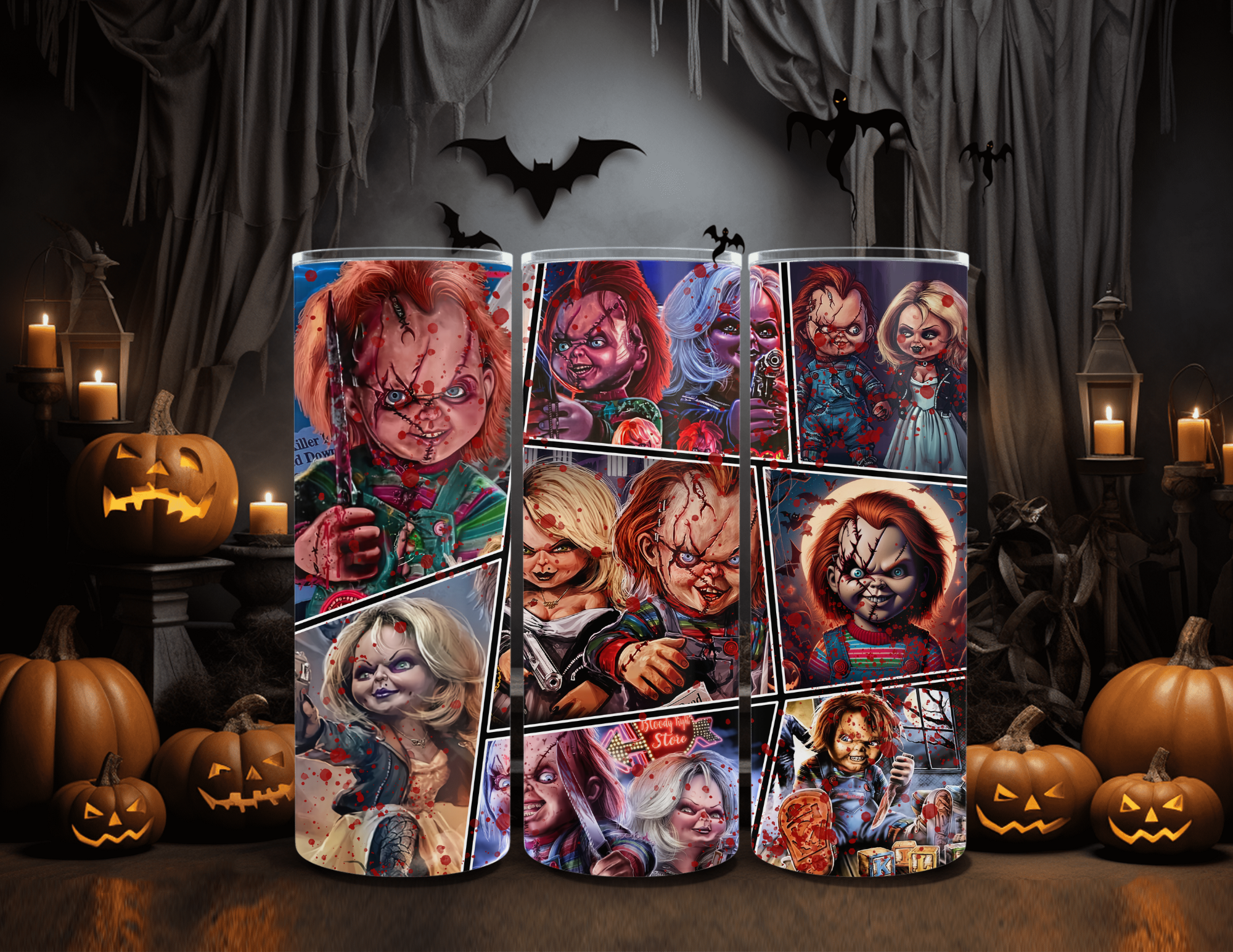 Horror Character and Bride Collage 20 oz Skinny Sublimation Tumbler