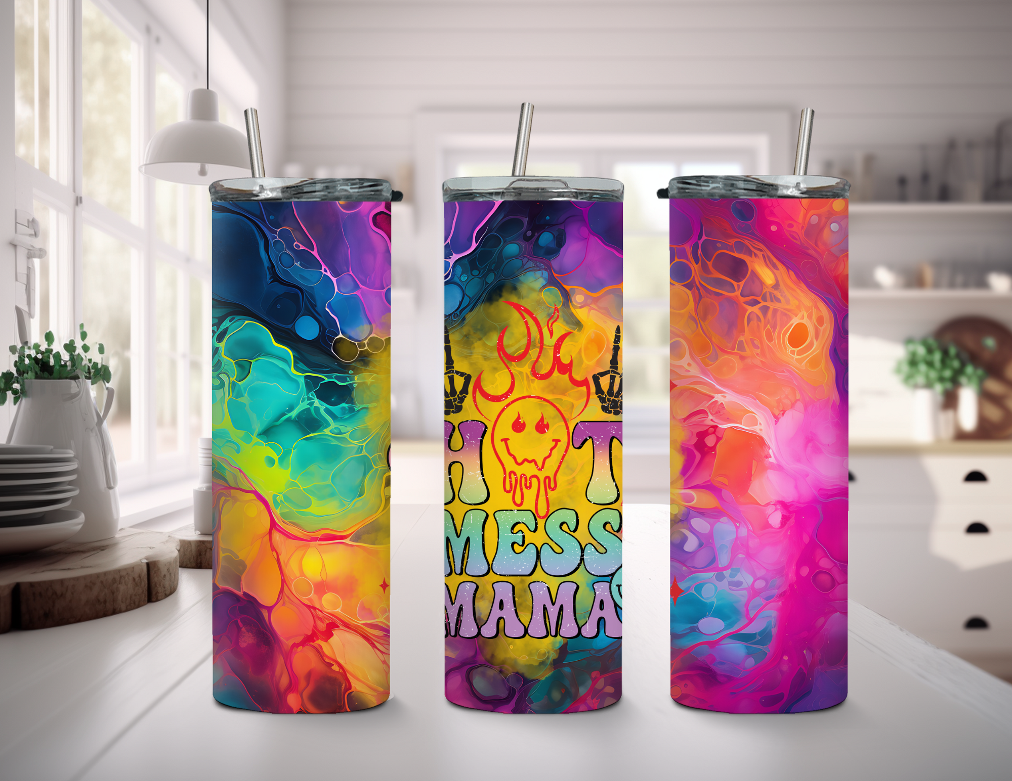 Hot Mess Mama Bright Colors 20 oz Skinny Sublimation Tumbler