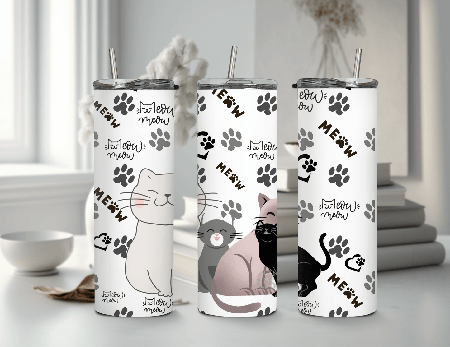 Vaso delgado de 20 oz con la frase Meow Meow Cats