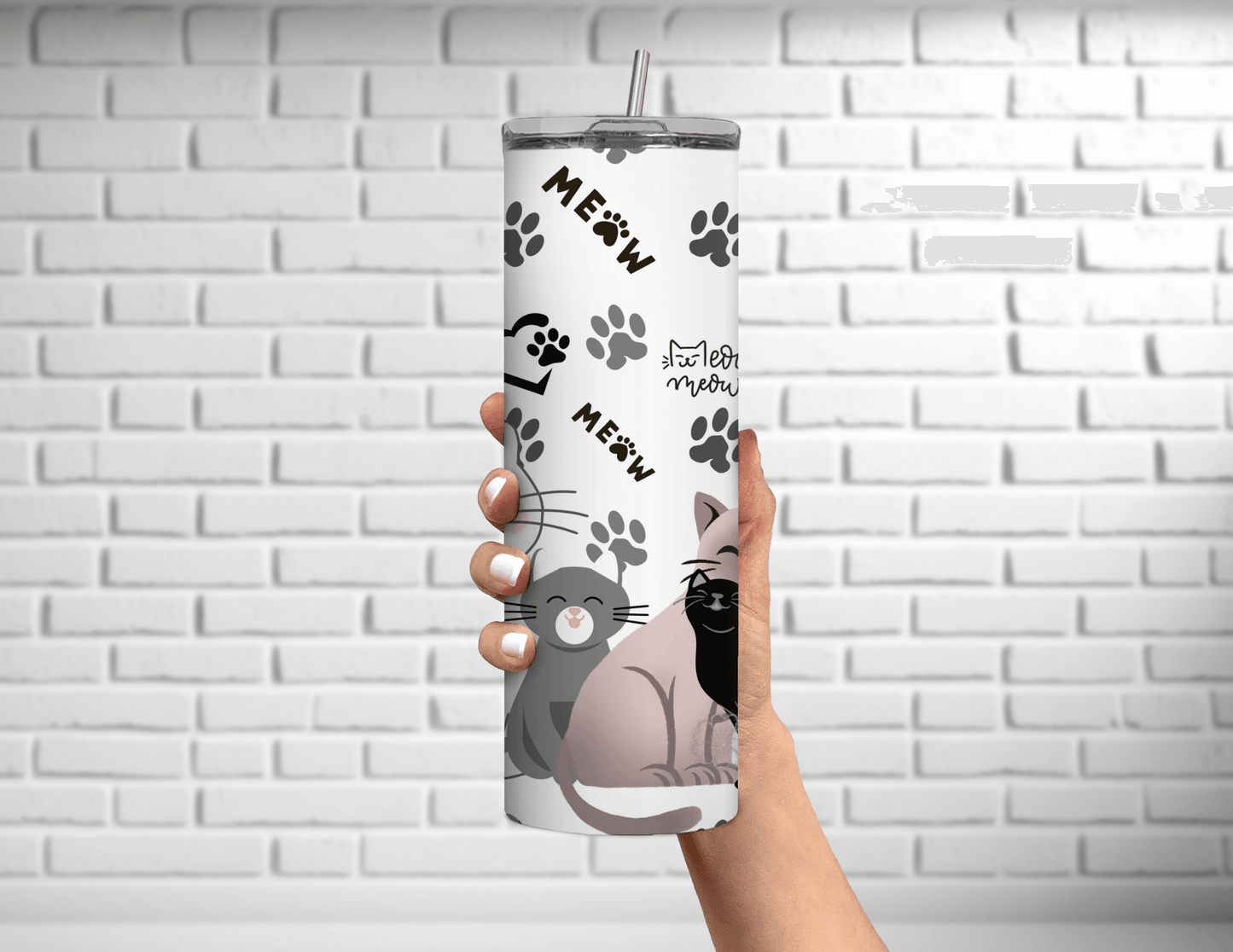 Vaso delgado de 20 oz con la frase Meow Meow Cats