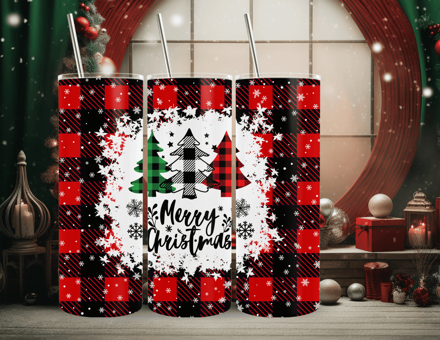 Merry Christmas Plaid Trees 20 oz Skinny Tumbler