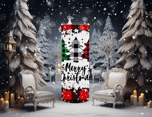 Merry Christmas Plaid Trees 20 oz Skinny Tumbler