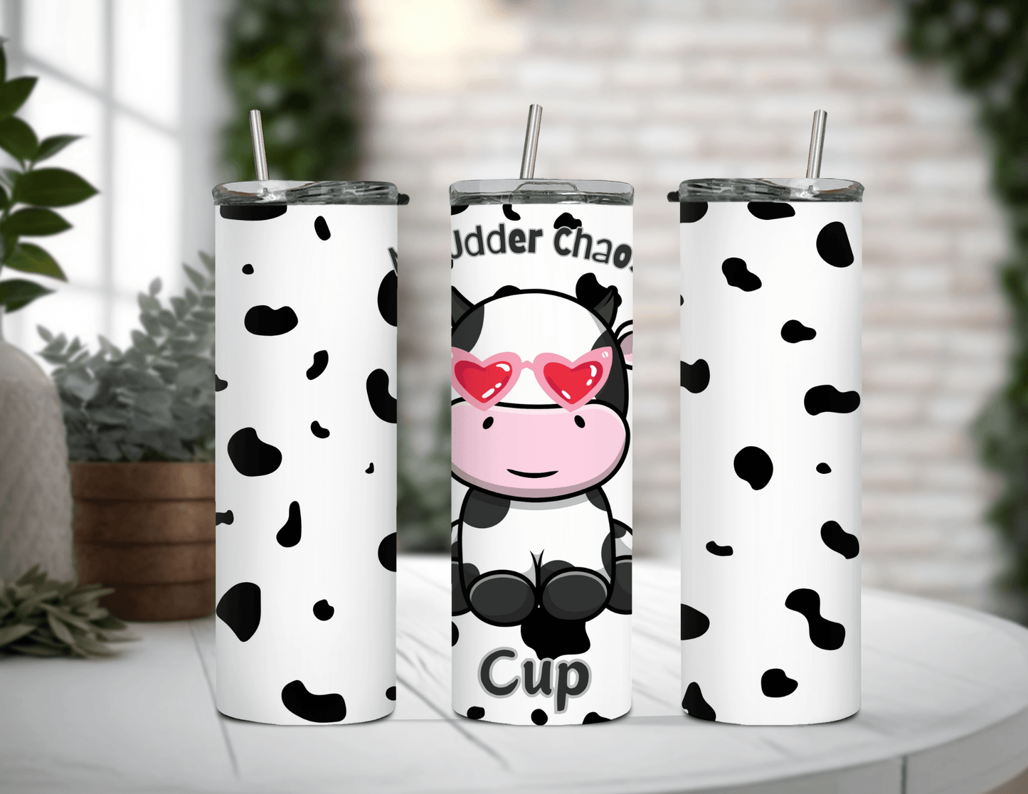 Vaso delgado de 20 oz con la frase "My Udder Chaos" (Vaca divertida, mi ubre)