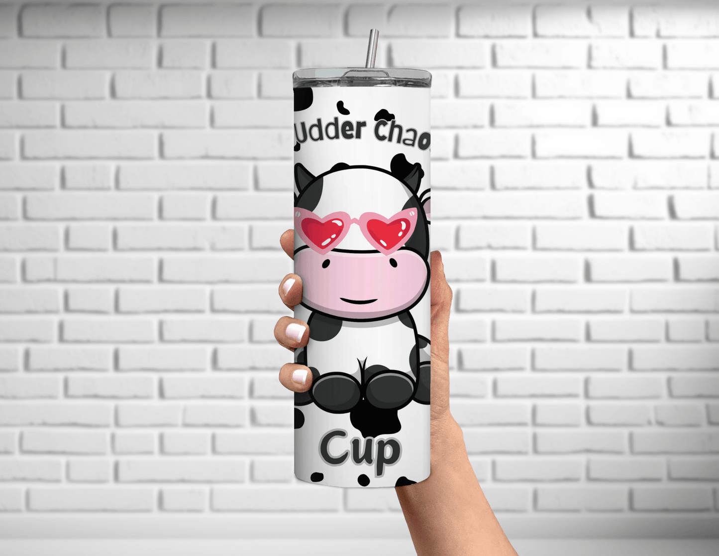 Vaso delgado de 20 oz con la frase "My Udder Chaos" (Vaca divertida, mi ubre)