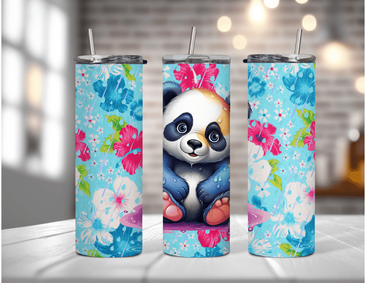 Vaso estrecho de 20 oz con diseño de Panda bajo la lluvia