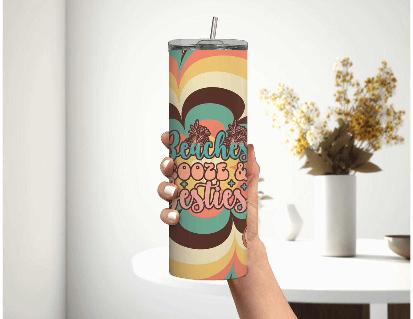 Retro Beaches Booze and Besties 20 oz Tumbler