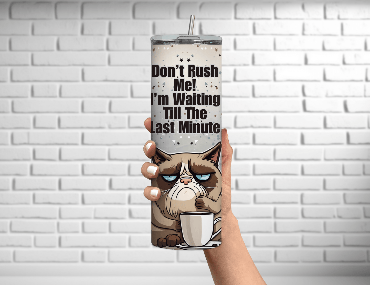 Vaso delgado de 20 oz con texto en inglés "Sarcastic Cat Don't Rush Me"