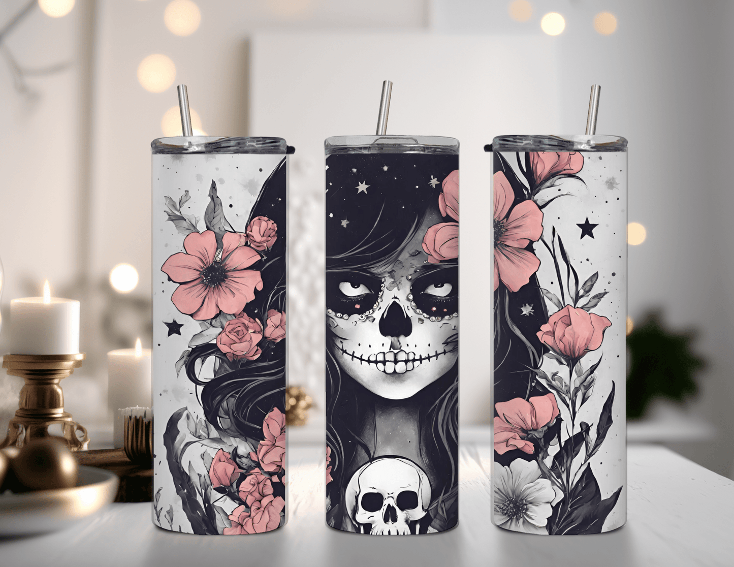 Vaso estrecho de 20 oz con diseño de flores rosas de Skeleton Girl