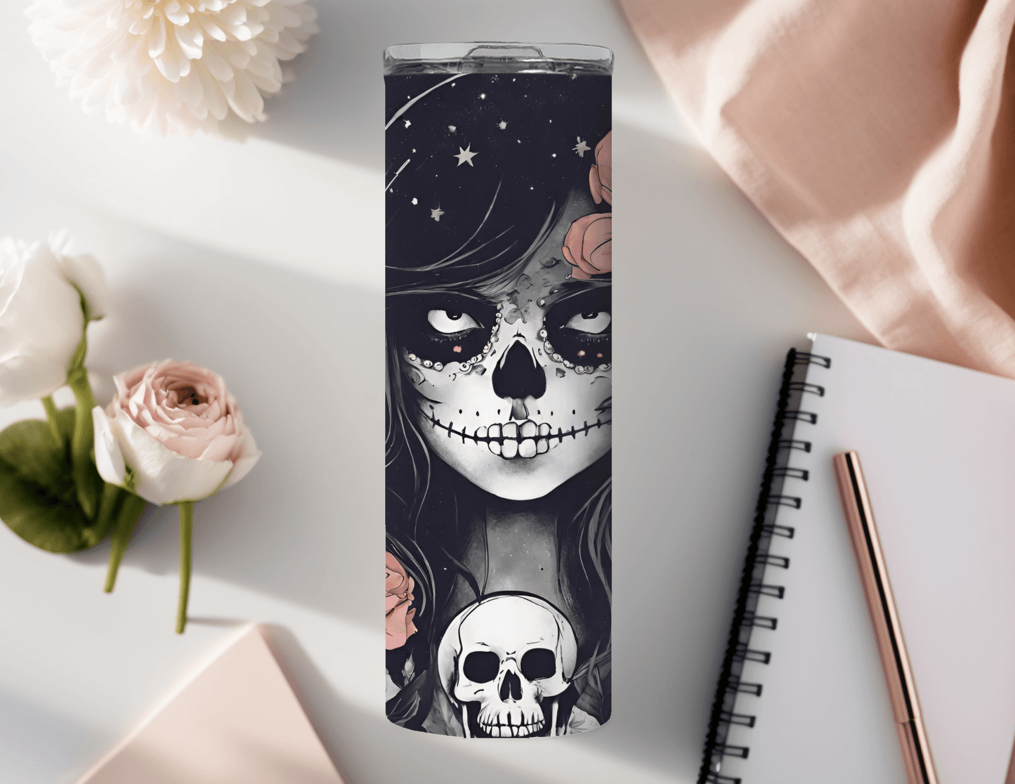 Skeleton Girl Pink Flowers 20 oz Skinny Tumbler