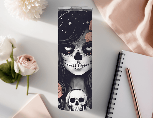 Vaso estrecho de 20 oz con diseño de flores rosas de Skeleton Girl