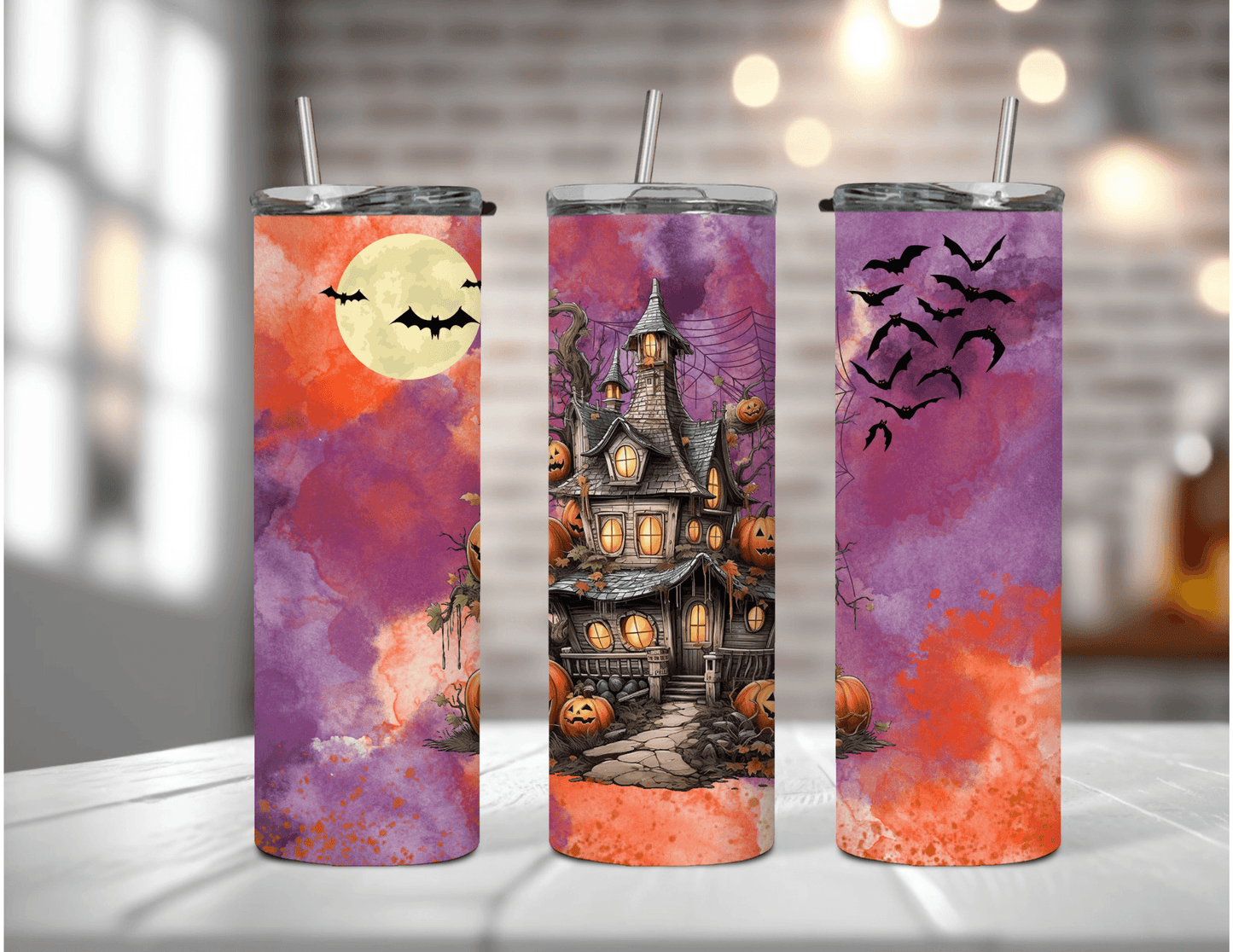 Vaso delgado de 20 oz con diseño de casa espeluznante de Halloween