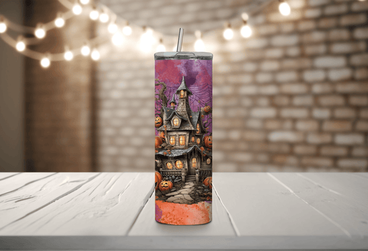 Vaso delgado de 20 oz con diseño de casa espeluznante de Halloween