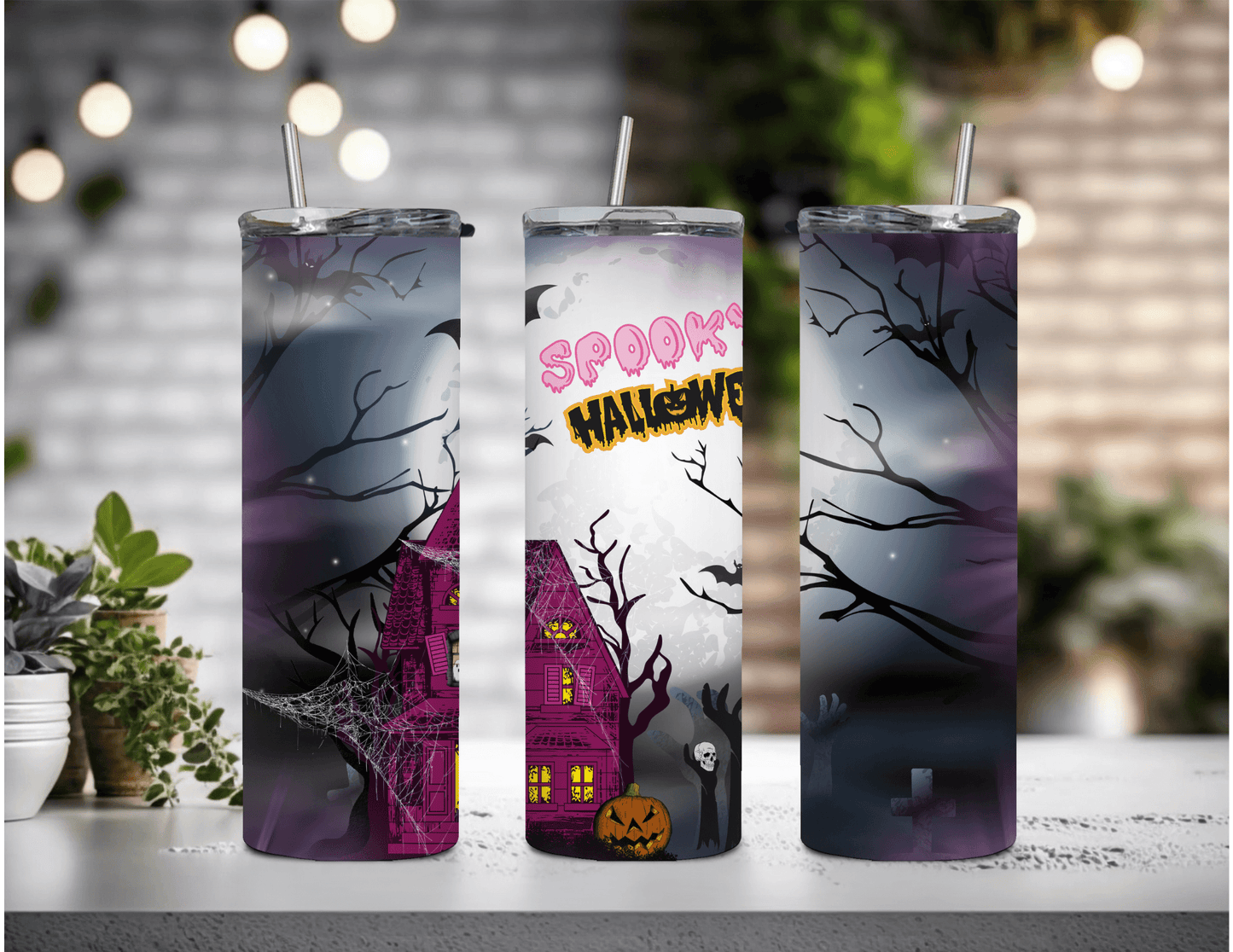 Vaso delgado de 20 oz con diseño de casa espeluznante para Halloween