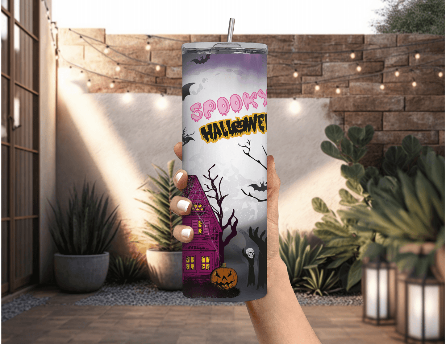 Vaso delgado de 20 oz con diseño de casa espeluznante para Halloween