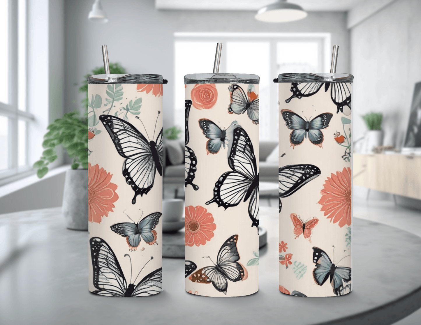 Spring Butterfly Coral and Black 20 oz Skinny Tumbler