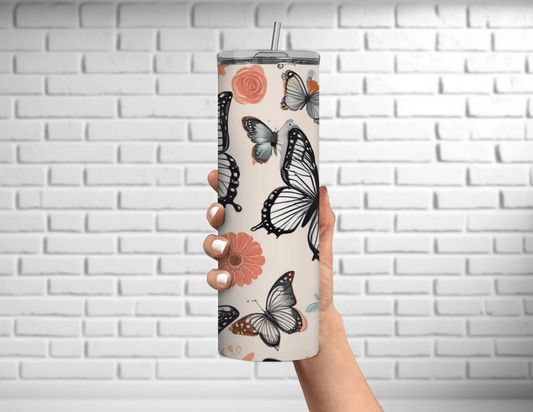 Vaso delgado de 20 oz con diseño de mariposa de primavera en color coral y negro