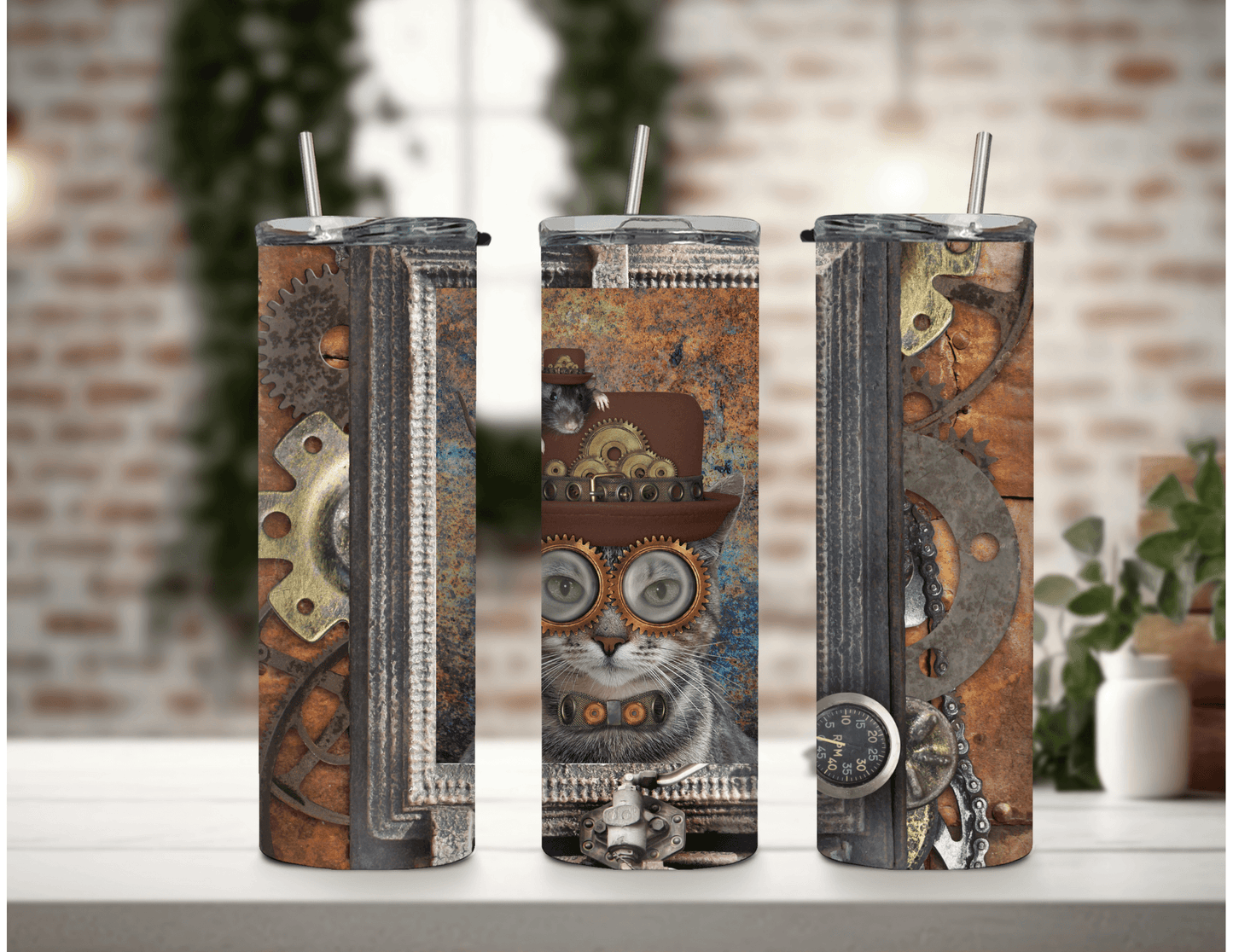 Steampunk Cat Vintage 20 oz Skinny Tumbler