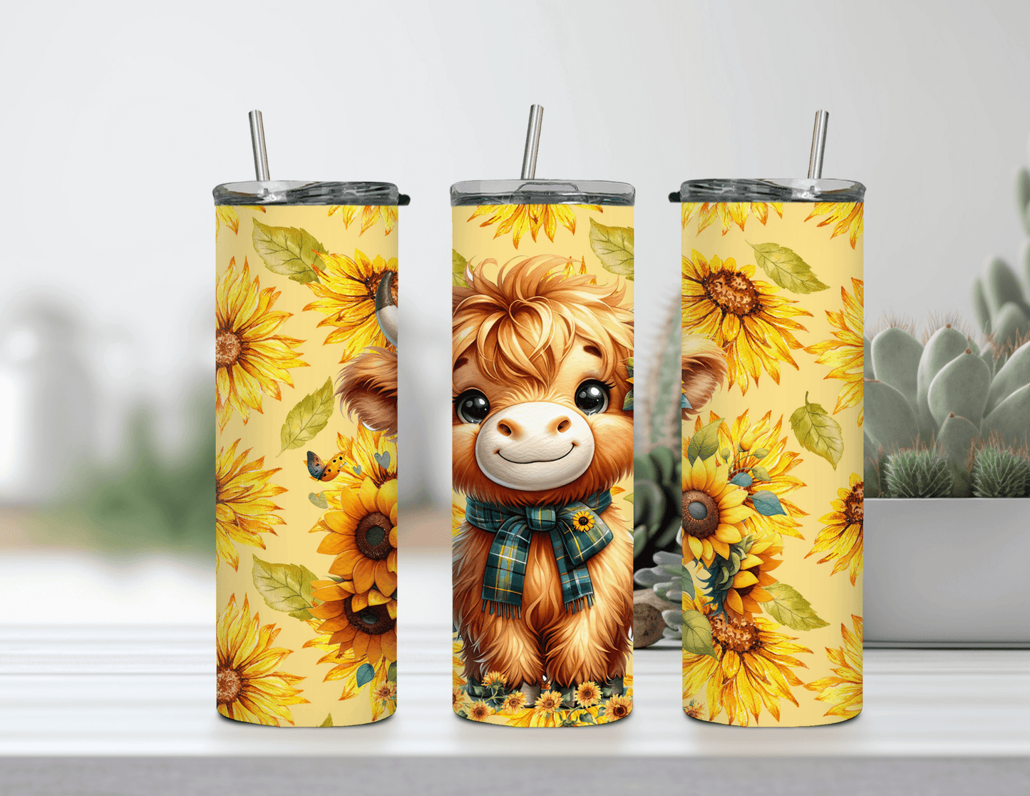 Vaso delgado de 20 oz con girasoles de Highland Cow