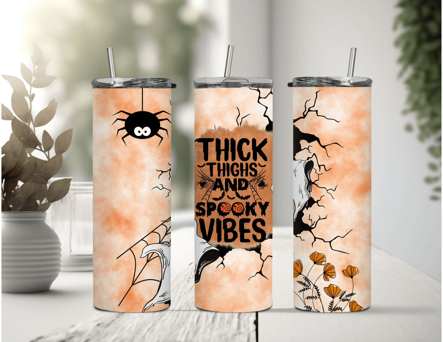 Thick Thighs and Spooky Vibes 20 oz Skinny Tumbler