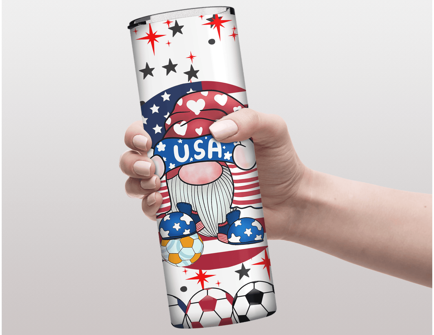 Vaso delgado de 20 oz con diseño de gnomo de fútbol de EE. UU.