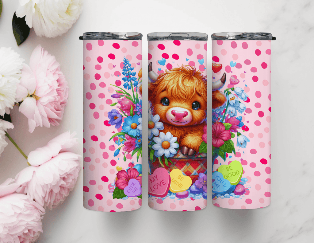 Vaso delgado de 20 oz con forma de corazón de caramelo de San Valentín Highland Cow