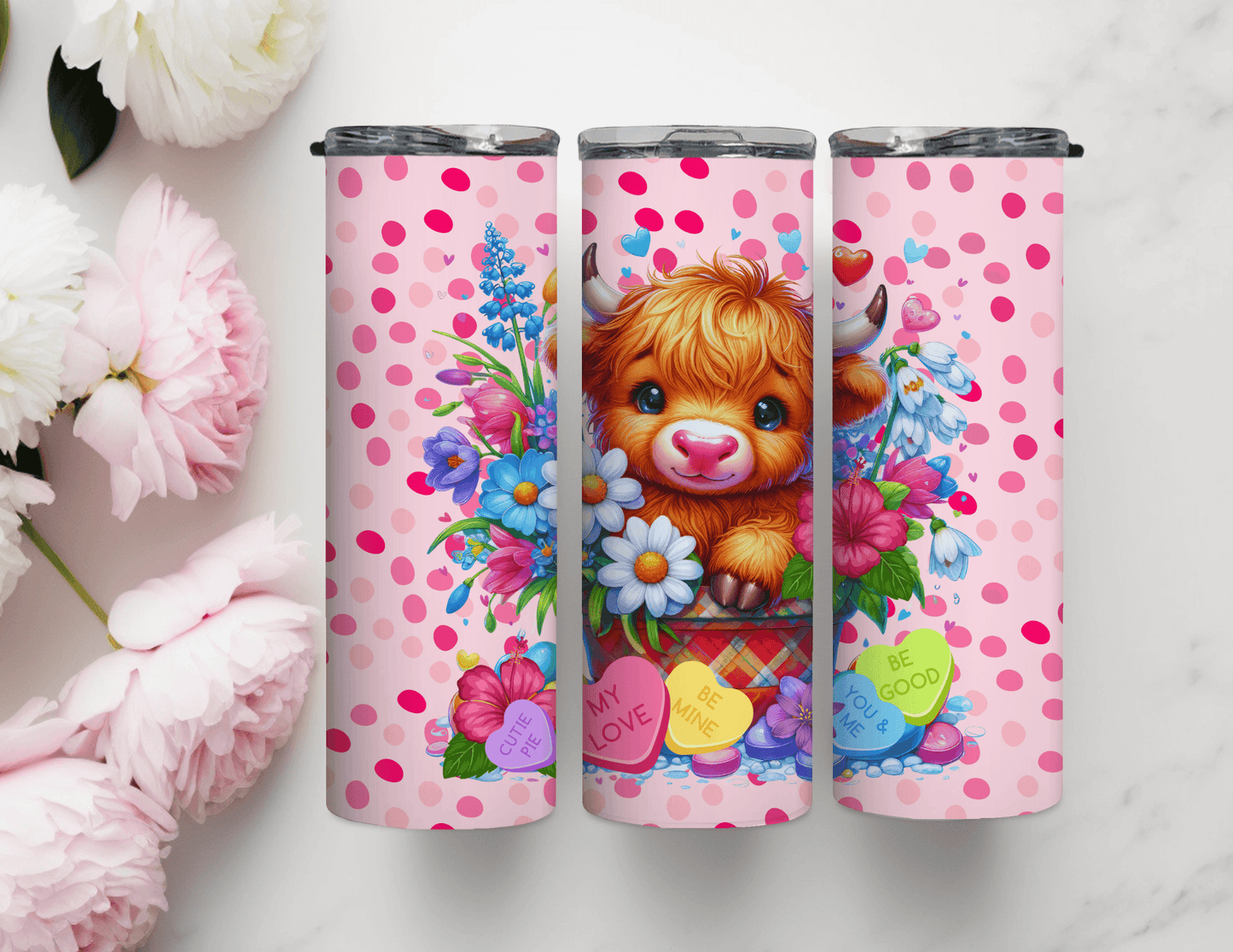 Valentine Candy Heart Highland Cow 20 oz Skinny Tumbler