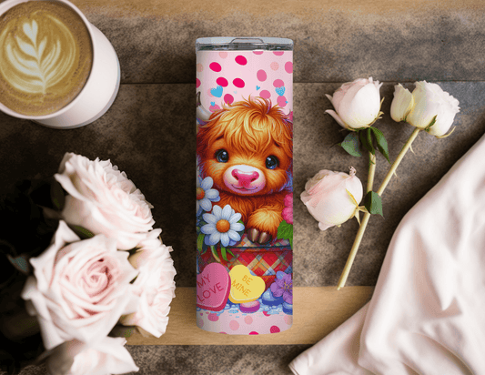 Vaso delgado de 20 oz con forma de corazón de caramelo de San Valentín Highland Cow