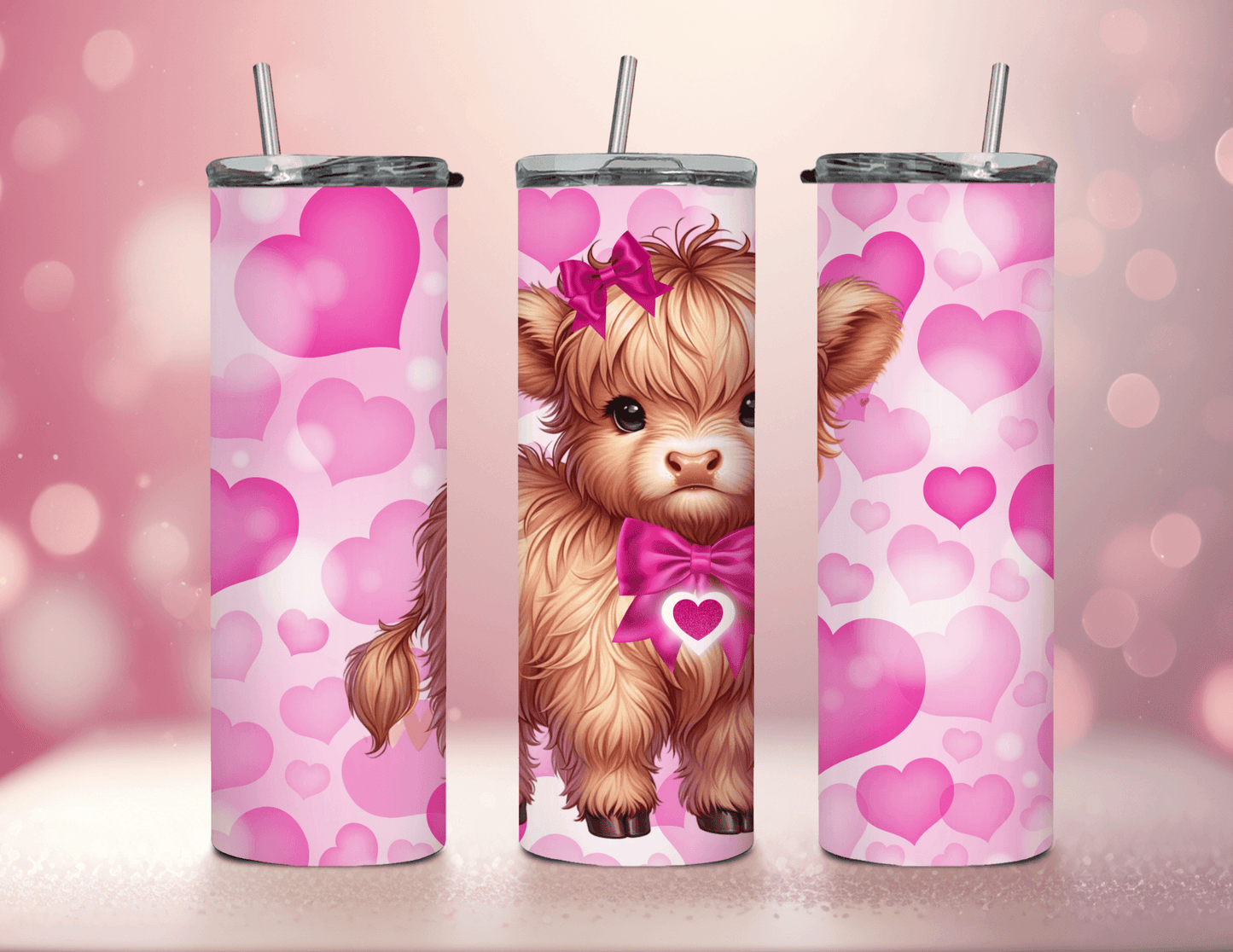 Valentine Pink Highland Cow 20 oz Skinny Tumbler