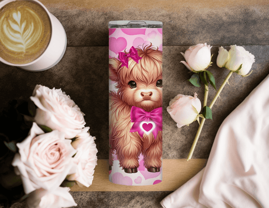 Valentine Pink Highland Cow 20 oz Skinny Tumbler