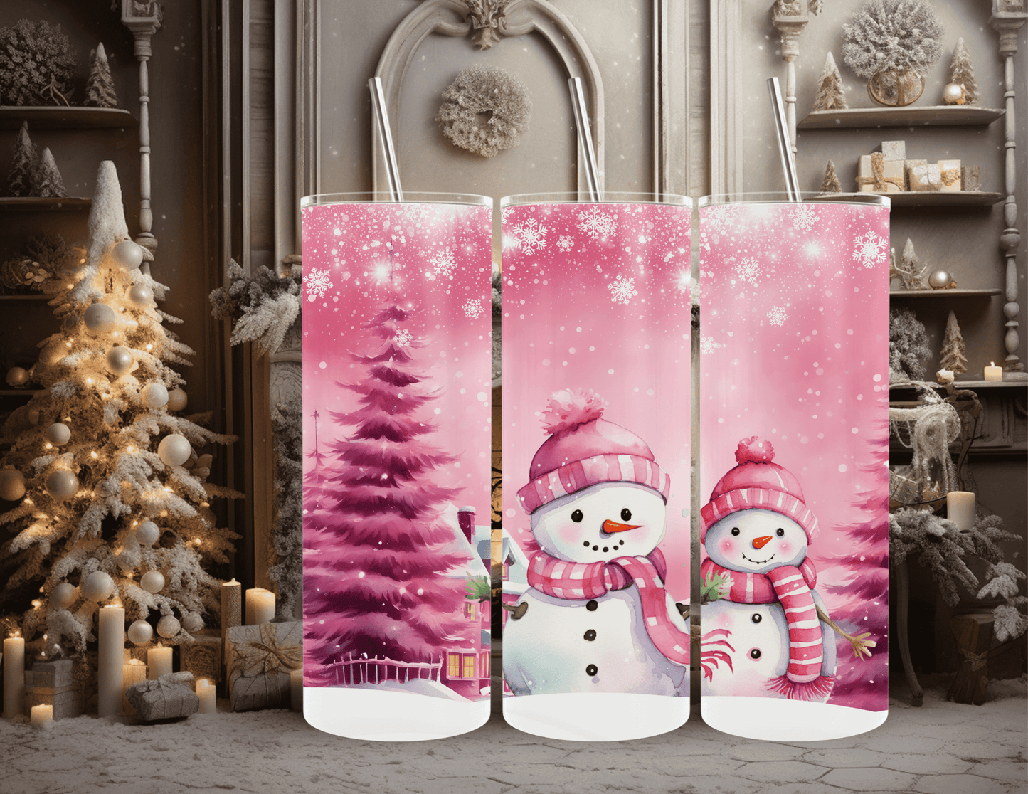 Christmas Winter Pink Snowman 20 oz Skinny Tumbler