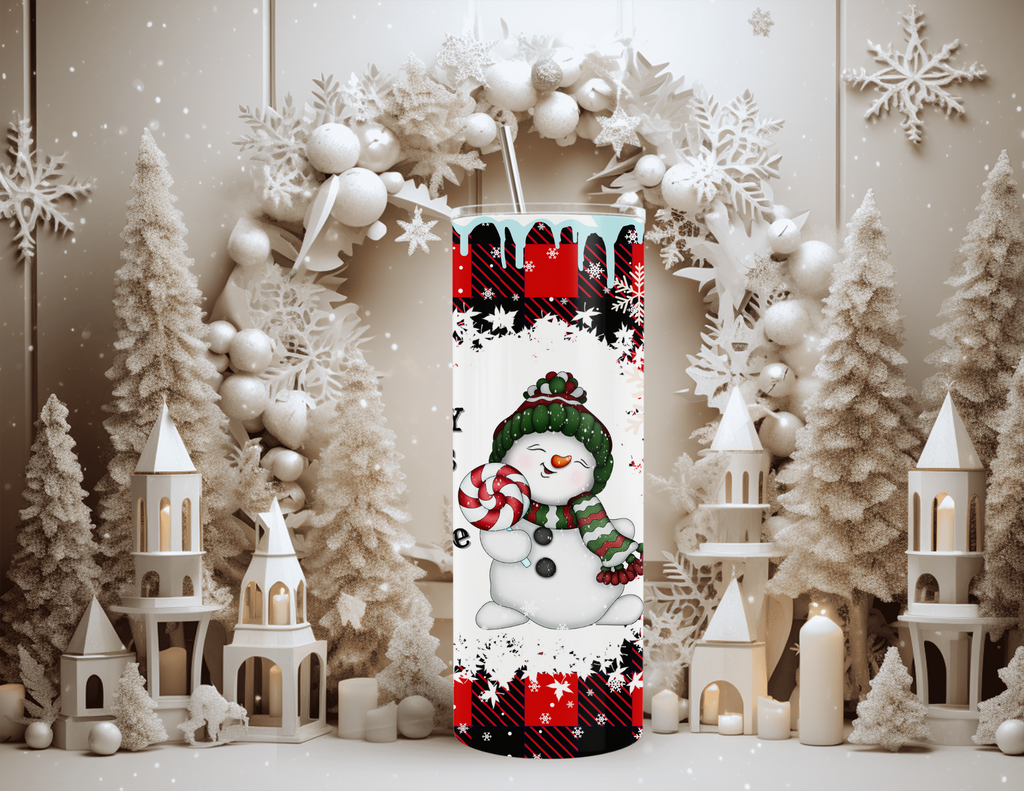 Vaso estrecho de 20 oz con texto "Bebé, hace frío afuera" y muñeco de nieve