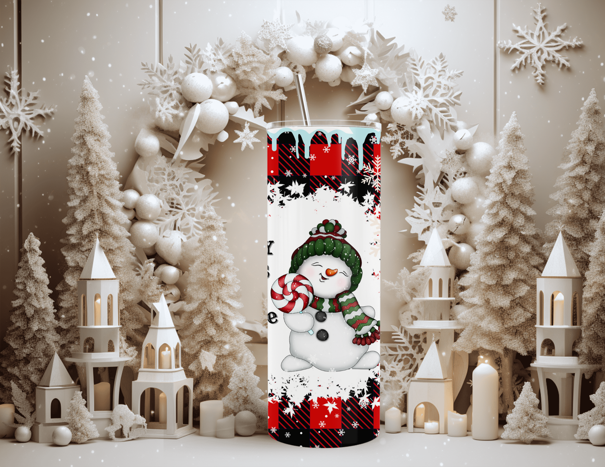 Vaso estrecho de 20 oz con texto "Bebé, hace frío afuera" y muñeco de nieve