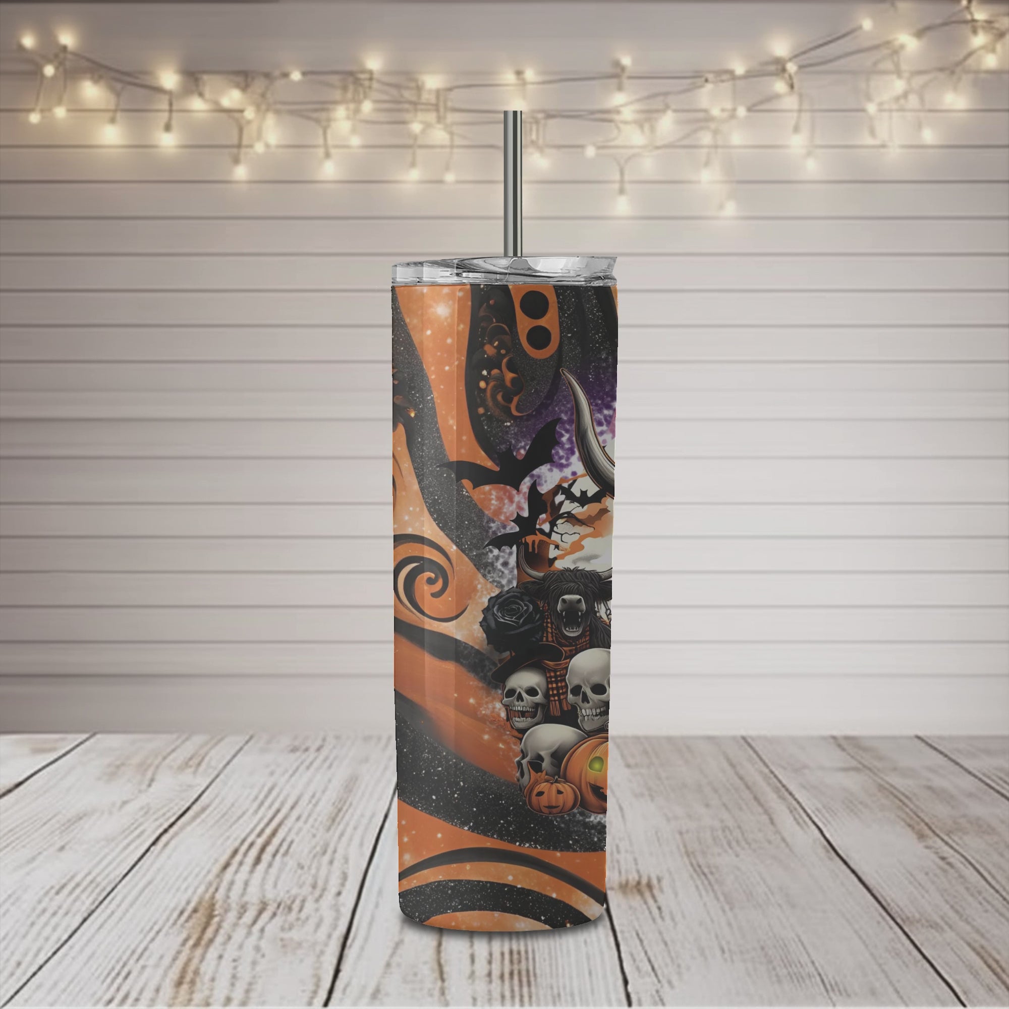 Vaso delgado de 20 oz con diseño de vaca de las Tierras Altas y calaveras para Halloween