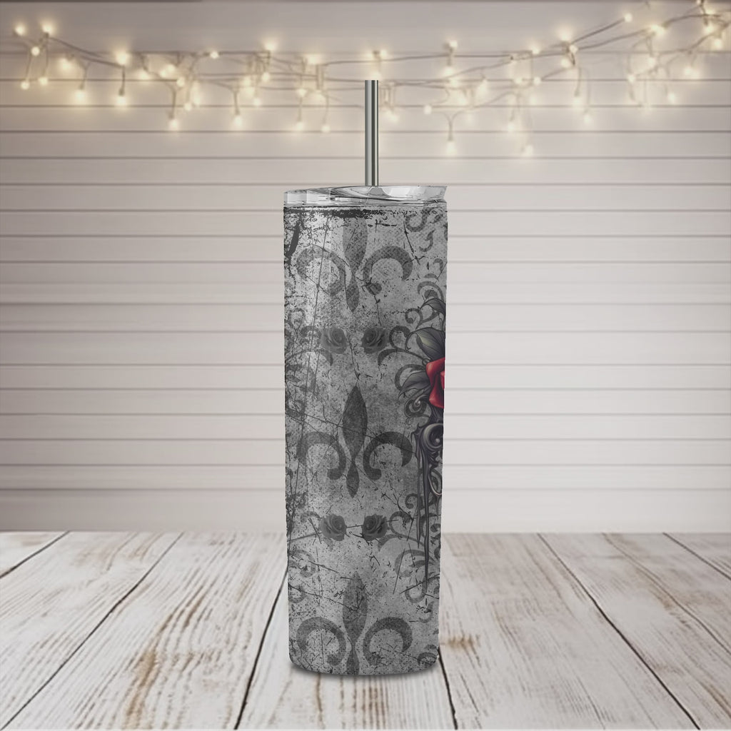 Vaso delgado de 20 oz con diseño de calavera y espejo oscuro